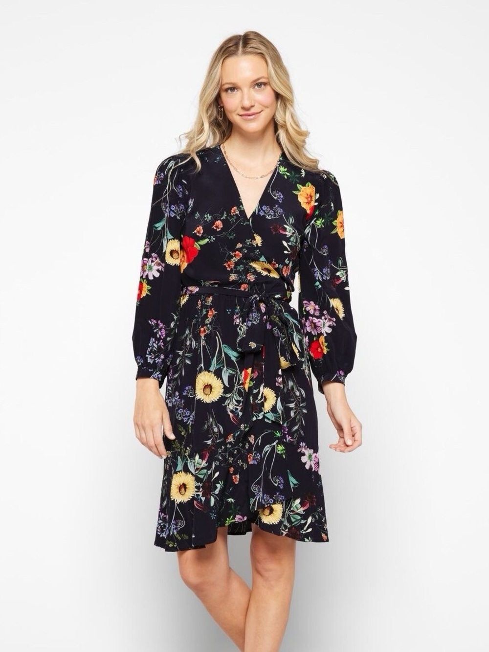Amour Vert Elma 100% Silk Black Floral Wrap Dress with Multi-Color Blooms